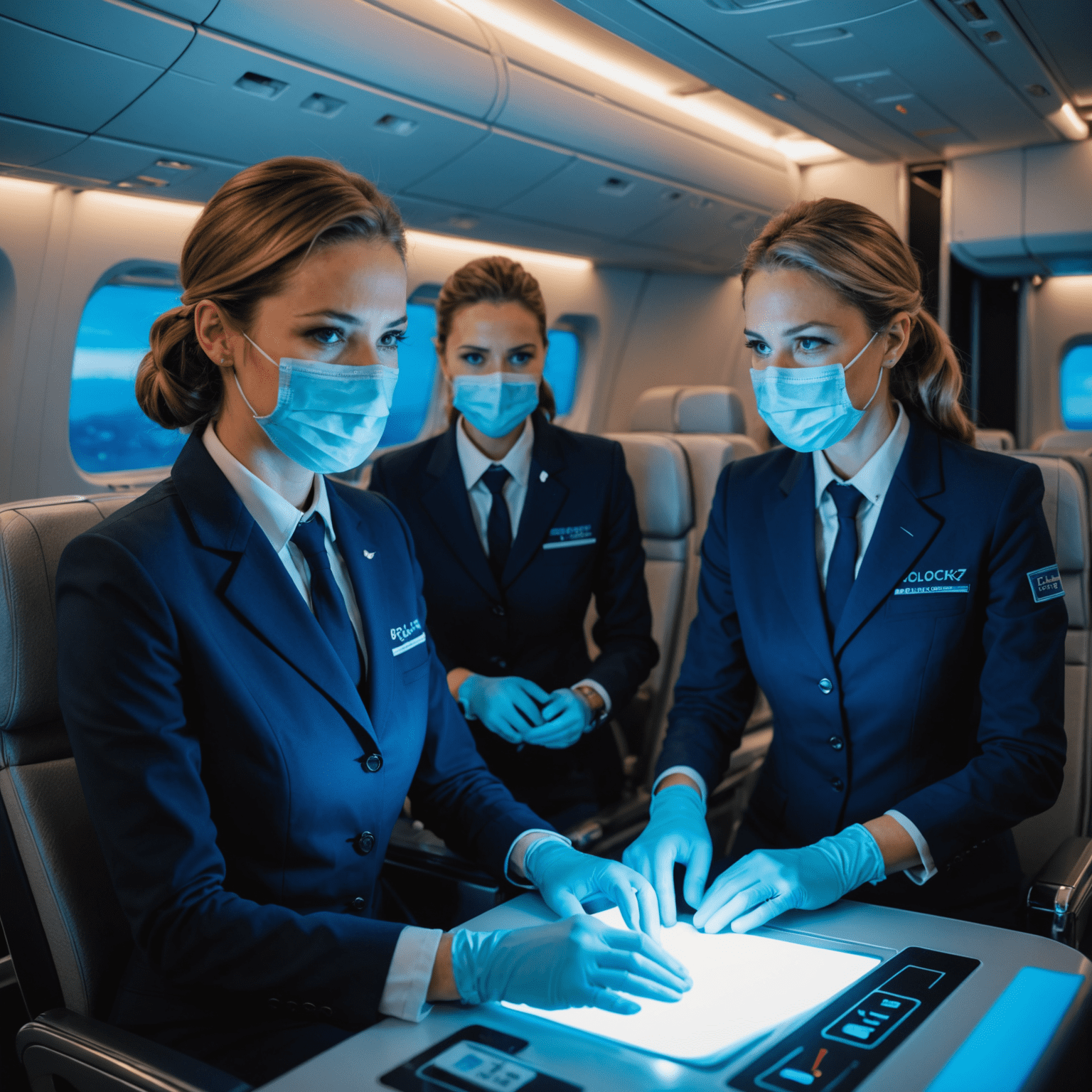 Flockerz Air cabin crew demonstrating safety measures, wearing masks and gloves, with neon blue lighting accents in the aircraft cabin