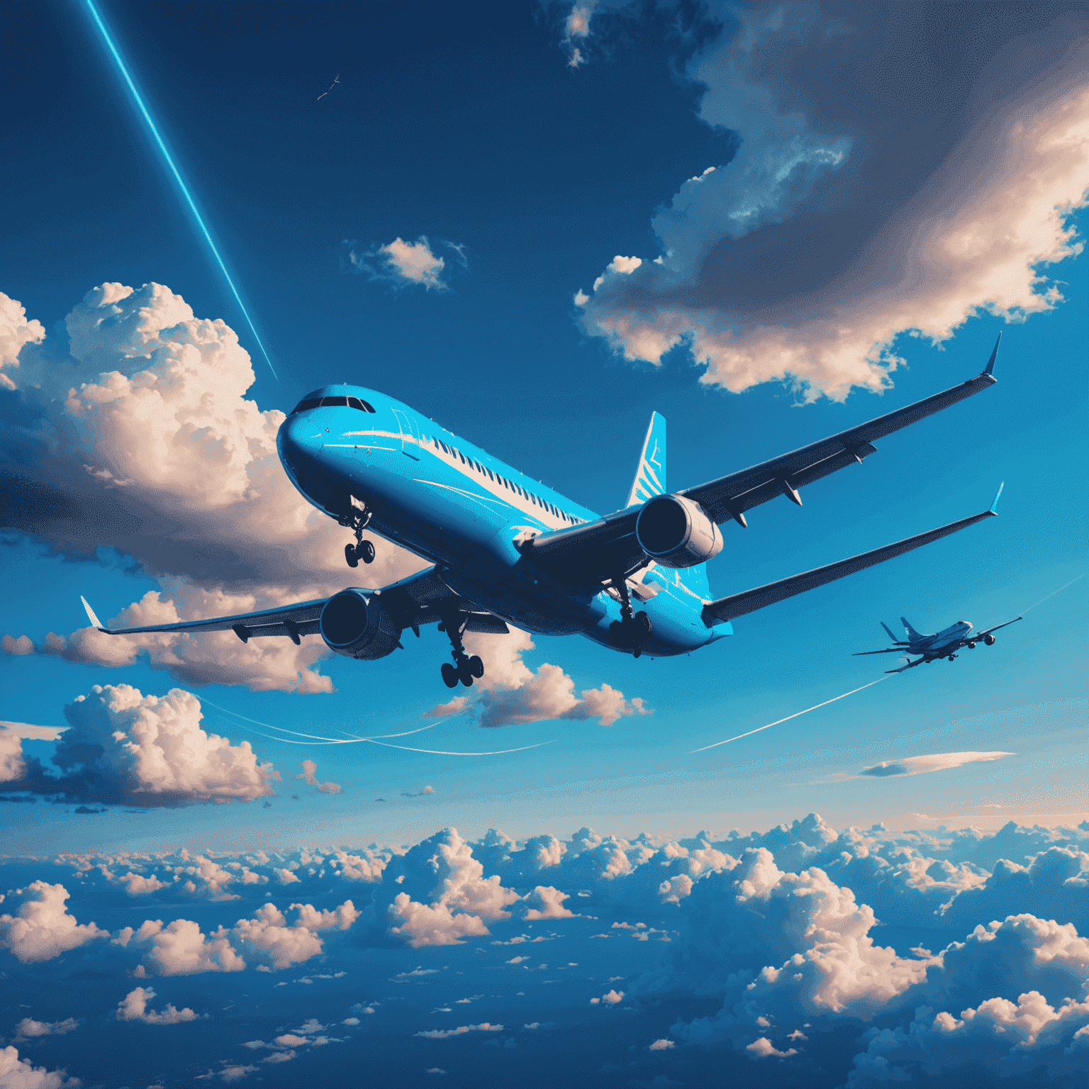 A modern airplane flying through a neon blue sky, representing flockerz air flight services