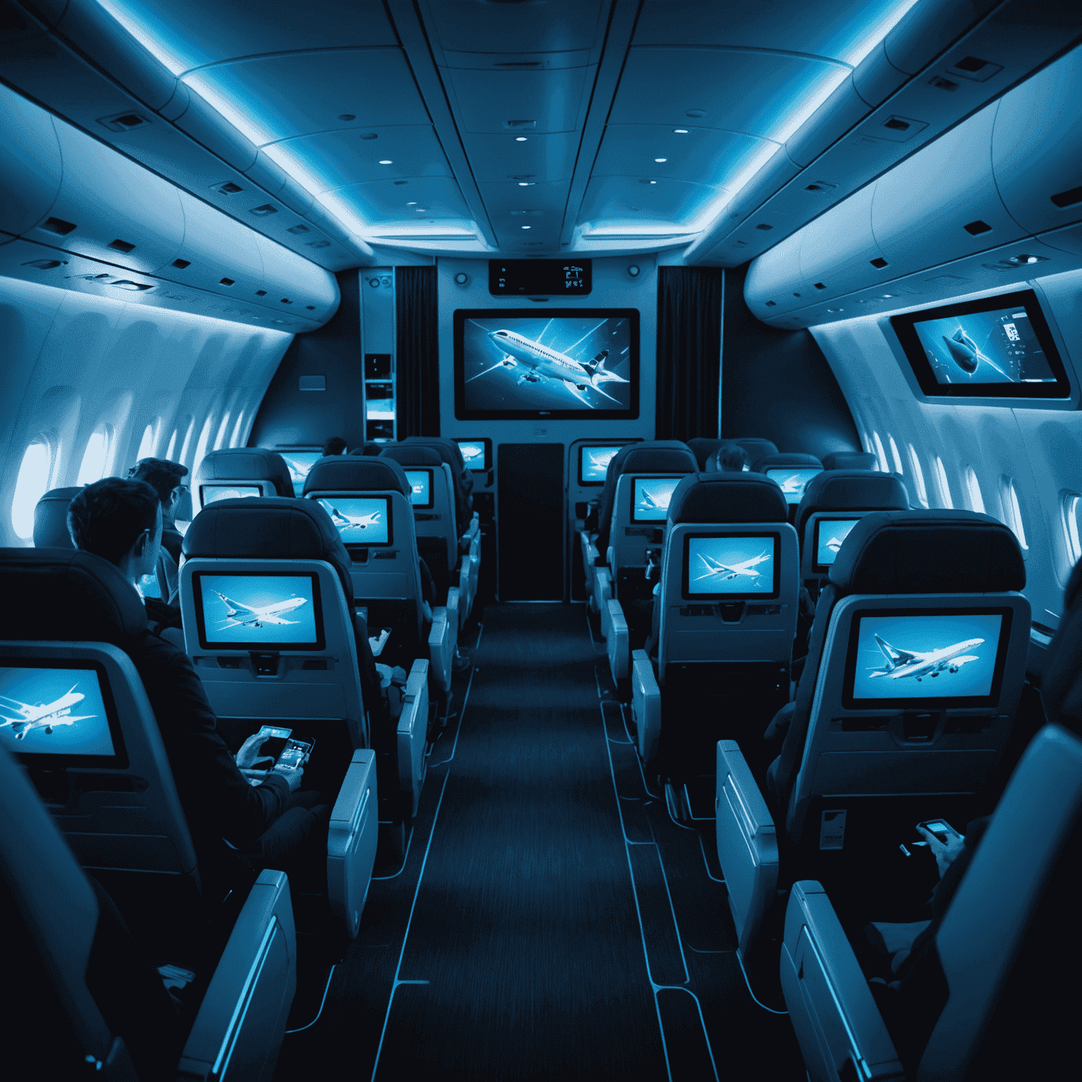 A modern airplane cabin with passengers enjoying various entertainment options on personal screens. The cabin is dimly lit with neon blue accents, creating a futuristic atmosphere.