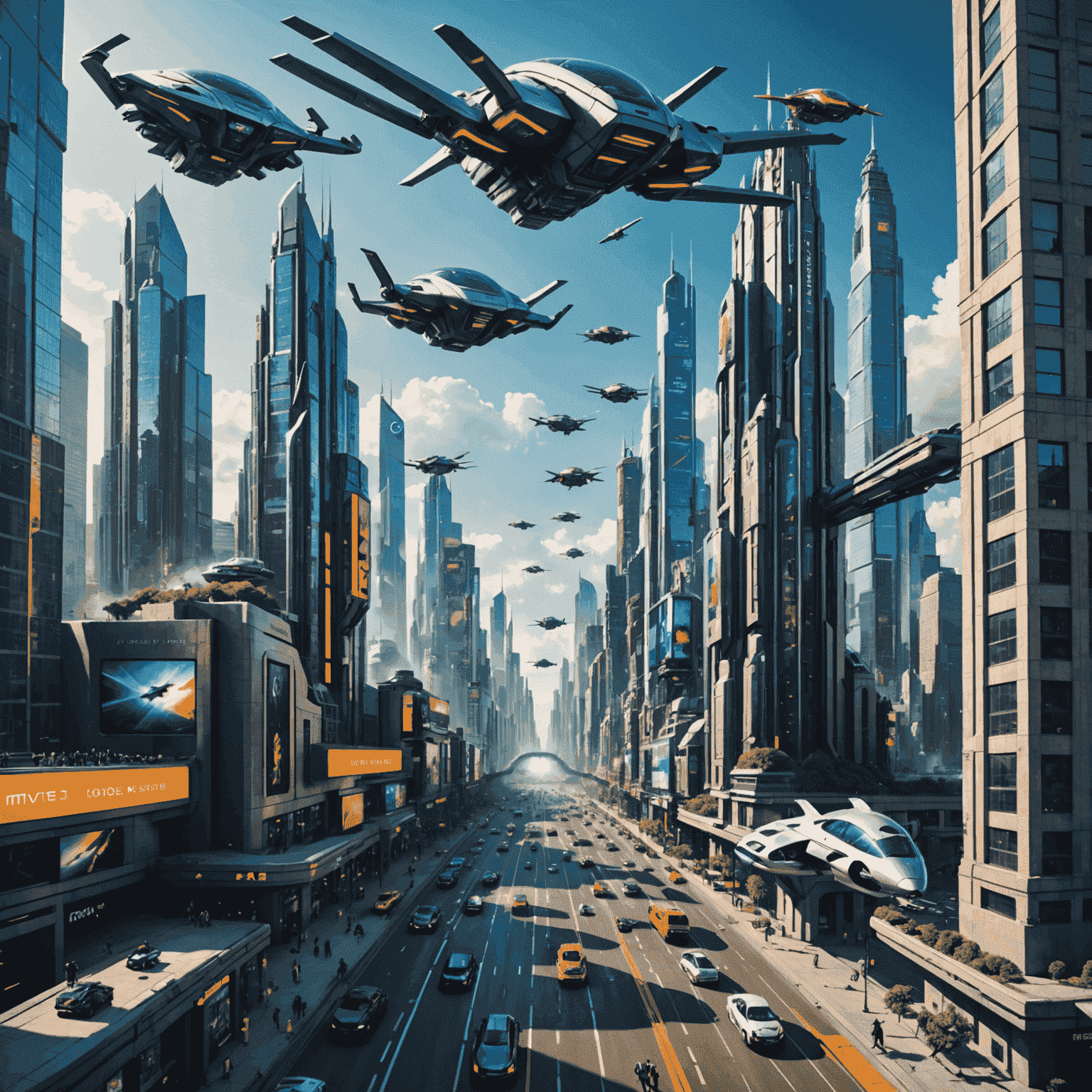 Latest blockbuster movie poster featuring a futuristic cityscape with flying vehicles