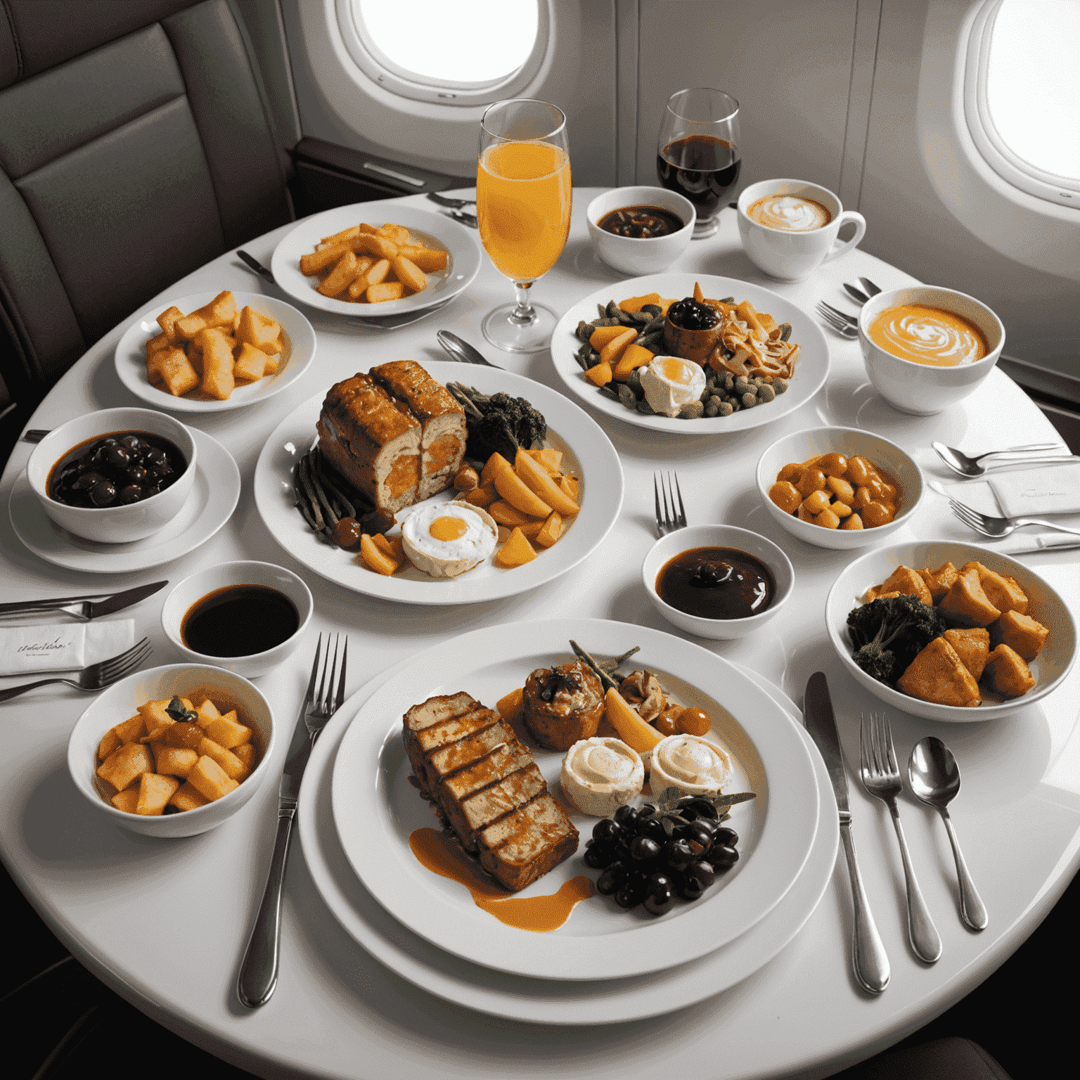 A gourmet meal served on a Flockerz Air flight, featuring a beautifully plated main course, side dishes, and a dessert, all presented on elegant airline dinnerware