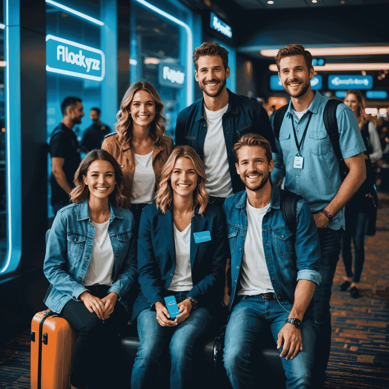 A group of happy travelers with Flockerz Air luggage tags, smiling in an airport lounge with neon blue lighting. The image showcases the exclusivity and benefits of the Flockerz Air Loyalty Program.