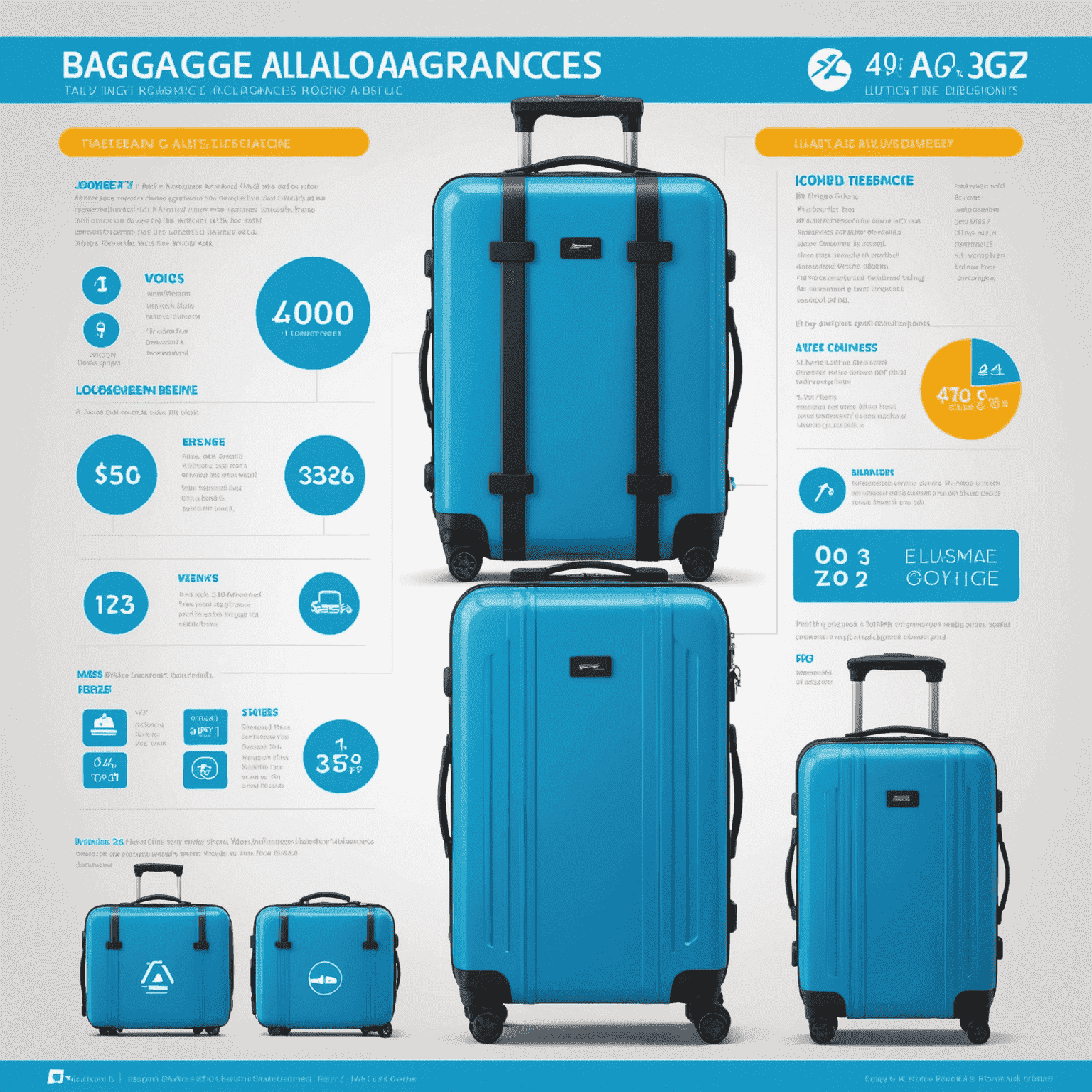 Infographic showing baggage allowances for different classes in Flockerz Air, with neon blue suitcase icons and weight limits