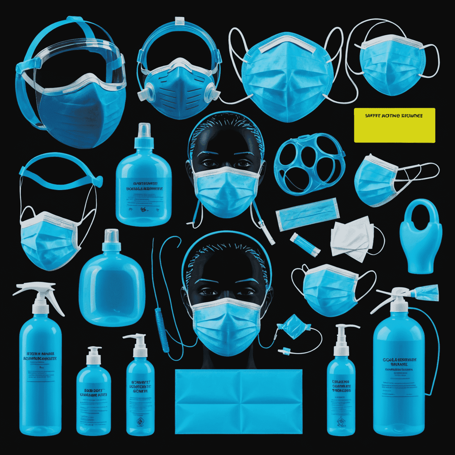 A collage of safety equipment and procedures, including face masks, hand sanitizers, and social distancing markers, all highlighted with neon blue glow