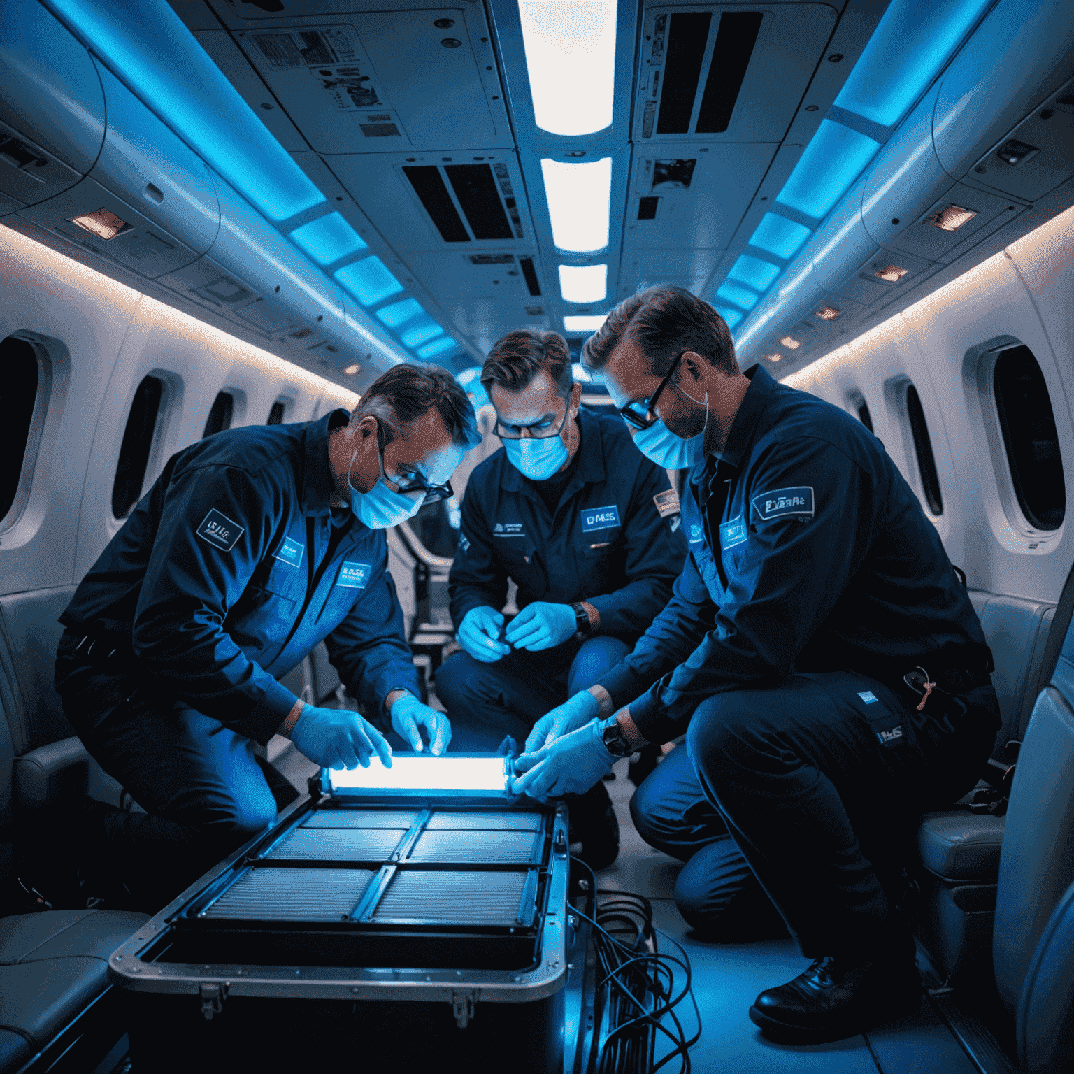 Flockerz Air maintenance crew installing HEPA filters in an aircraft, with neon blue lighting highlighting the advanced technology