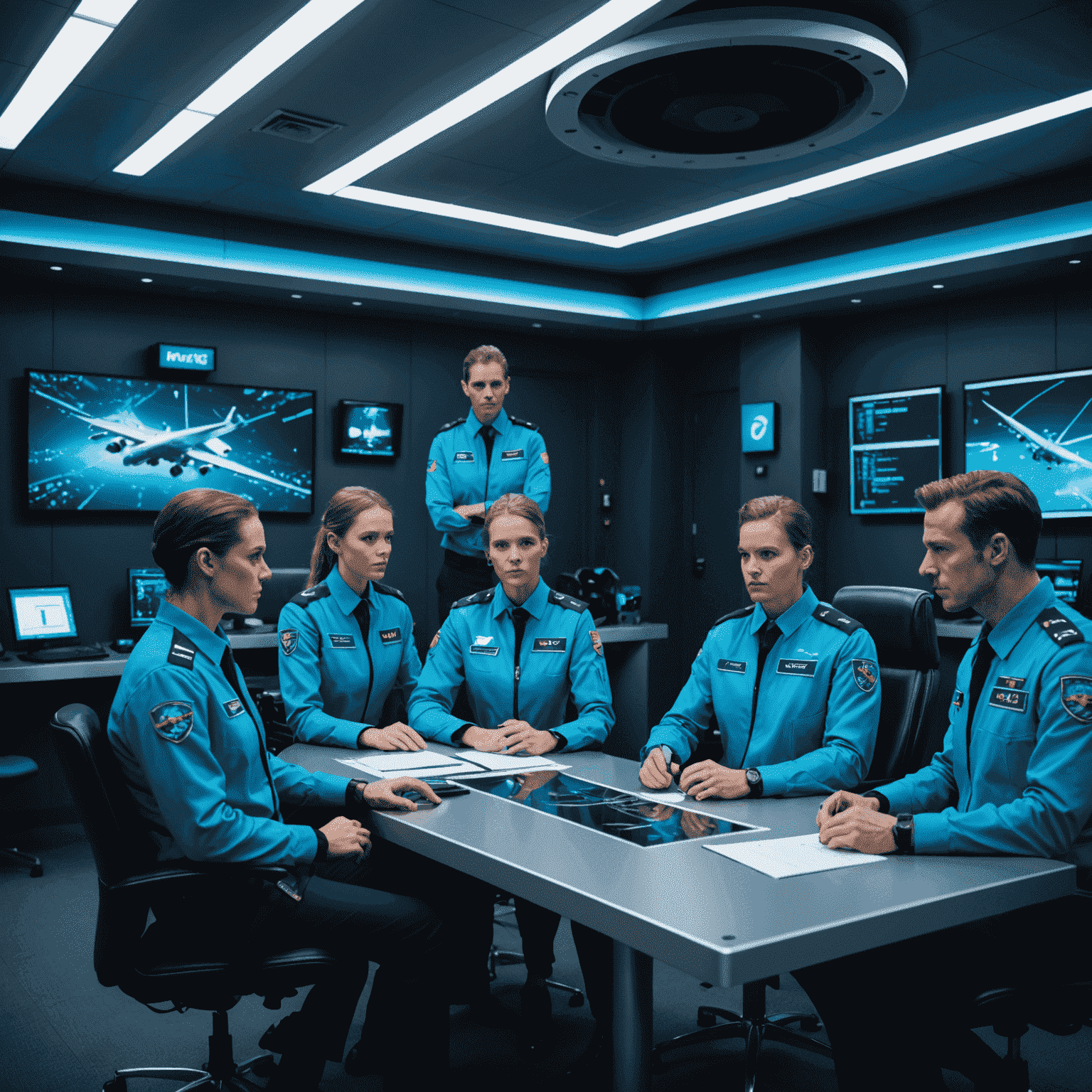 Flockerz Air crew members in a modern briefing room with neon blue accents, attentively listening to a flight supervisor