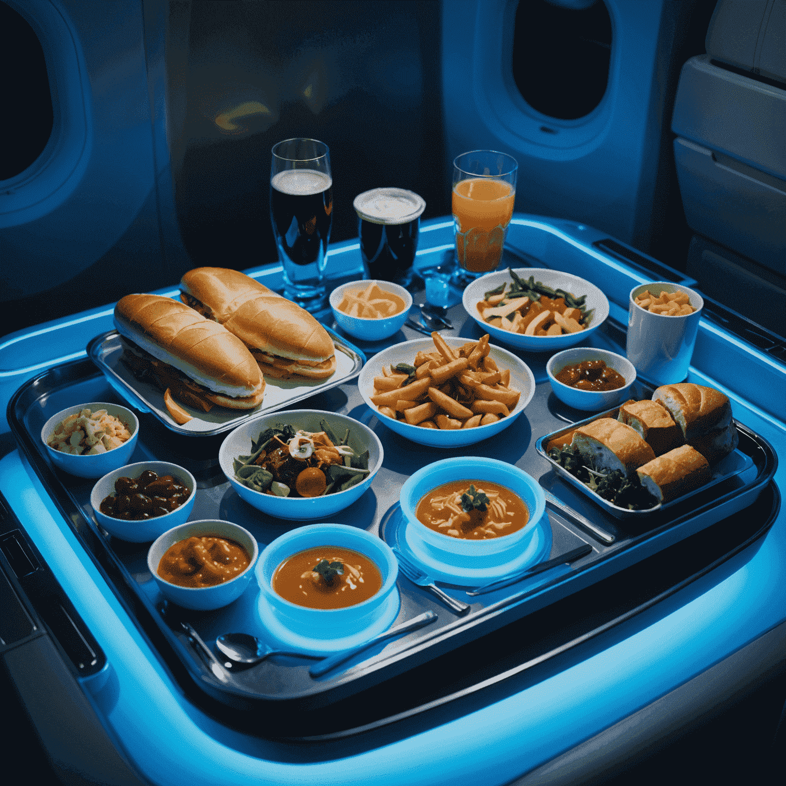 An elegant airplane meal tray with gourmet food items, illuminated by soft neon blue lighting. The meal looks appetizing and well-presented.