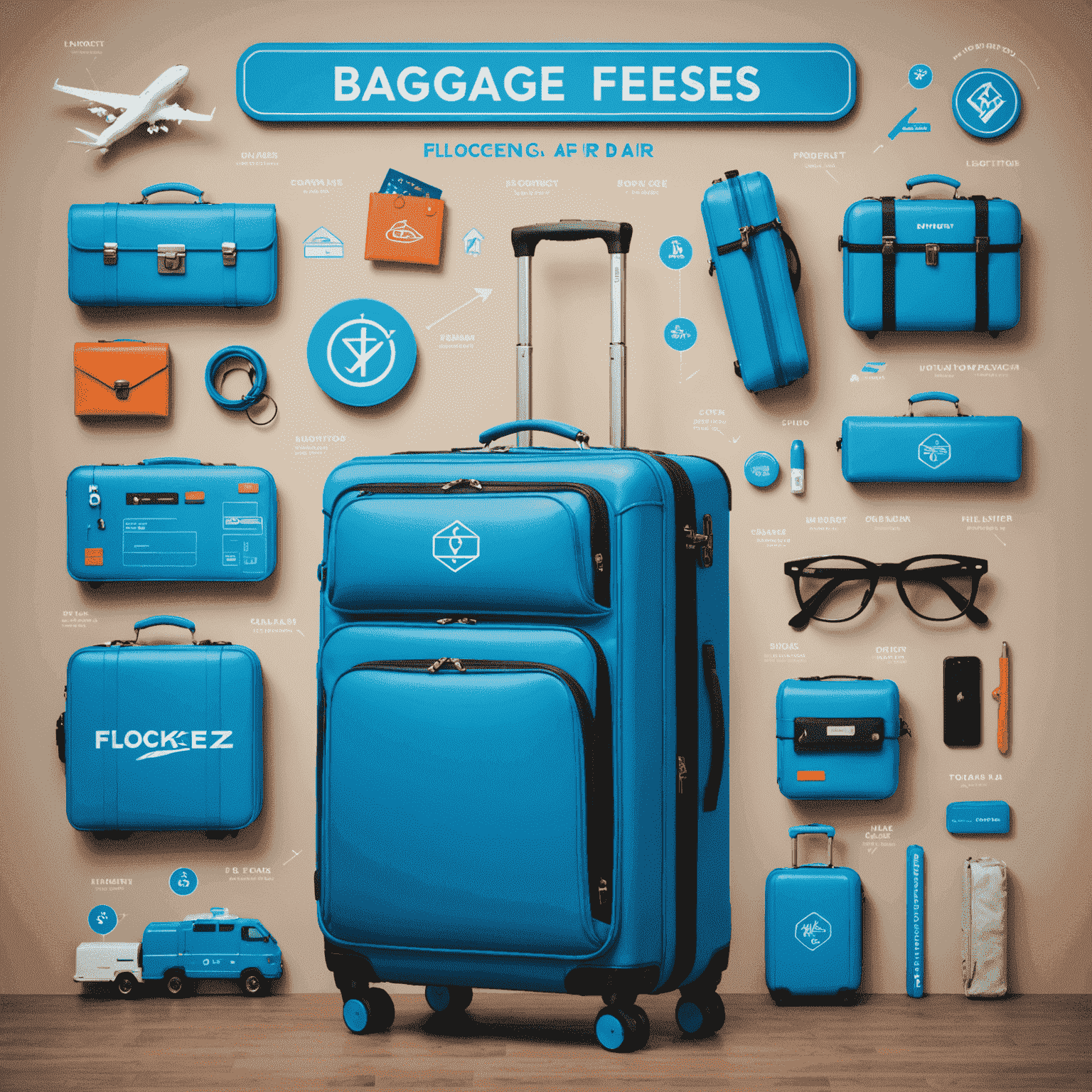 Chart displaying various baggage fees for Flockerz Air, with neon blue dollar signs and luggage icons