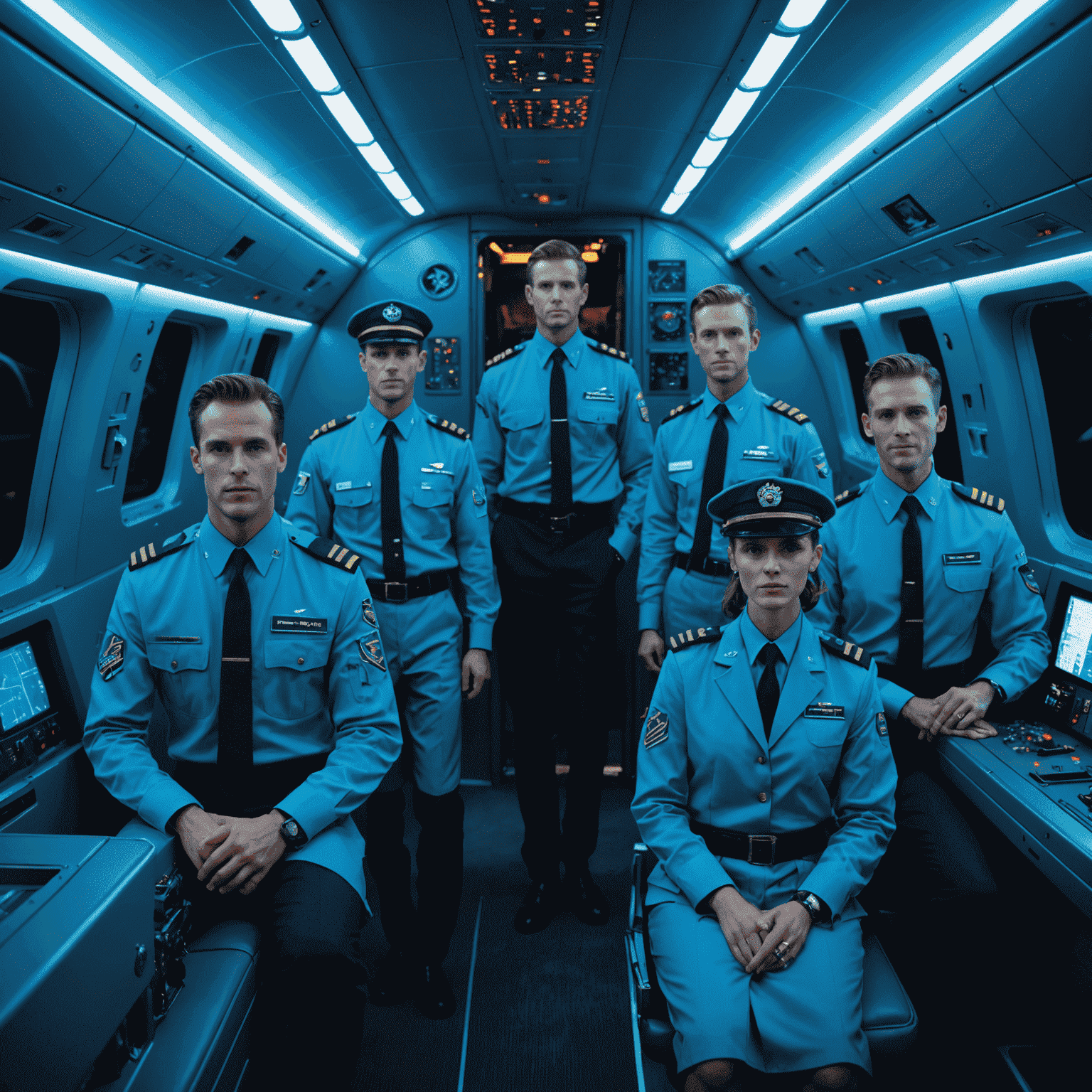 A montage of Flockerz Air crew members in their stylish uniforms, performing various duties inside an aircraft cabin, all accented with neon blue lighting