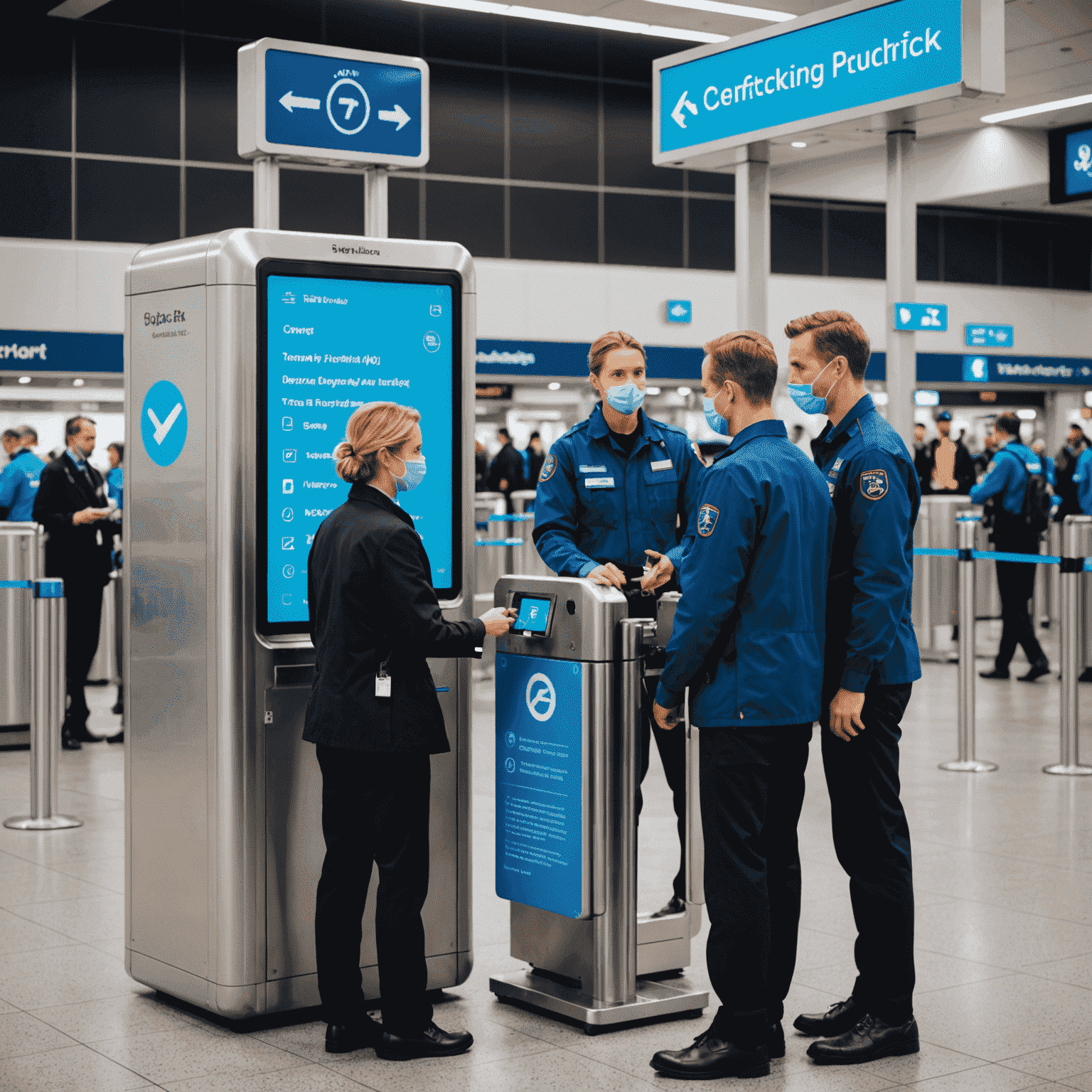 Flockerz Air staff conducting temperature checks on passengers at a boarding gate, with neon blue signage displaying safety instructions