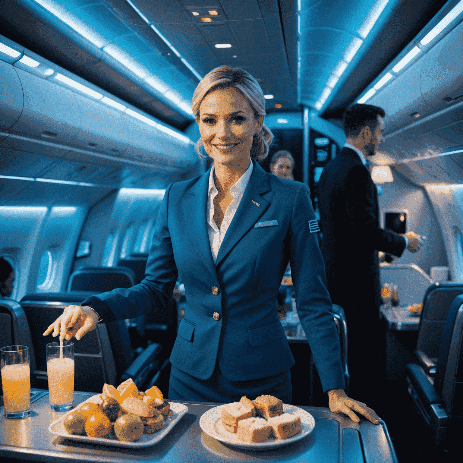 Flockerz Air flight attendant serving refreshments to passengers in a modern aircraft cabin with subtle neon blue lighting