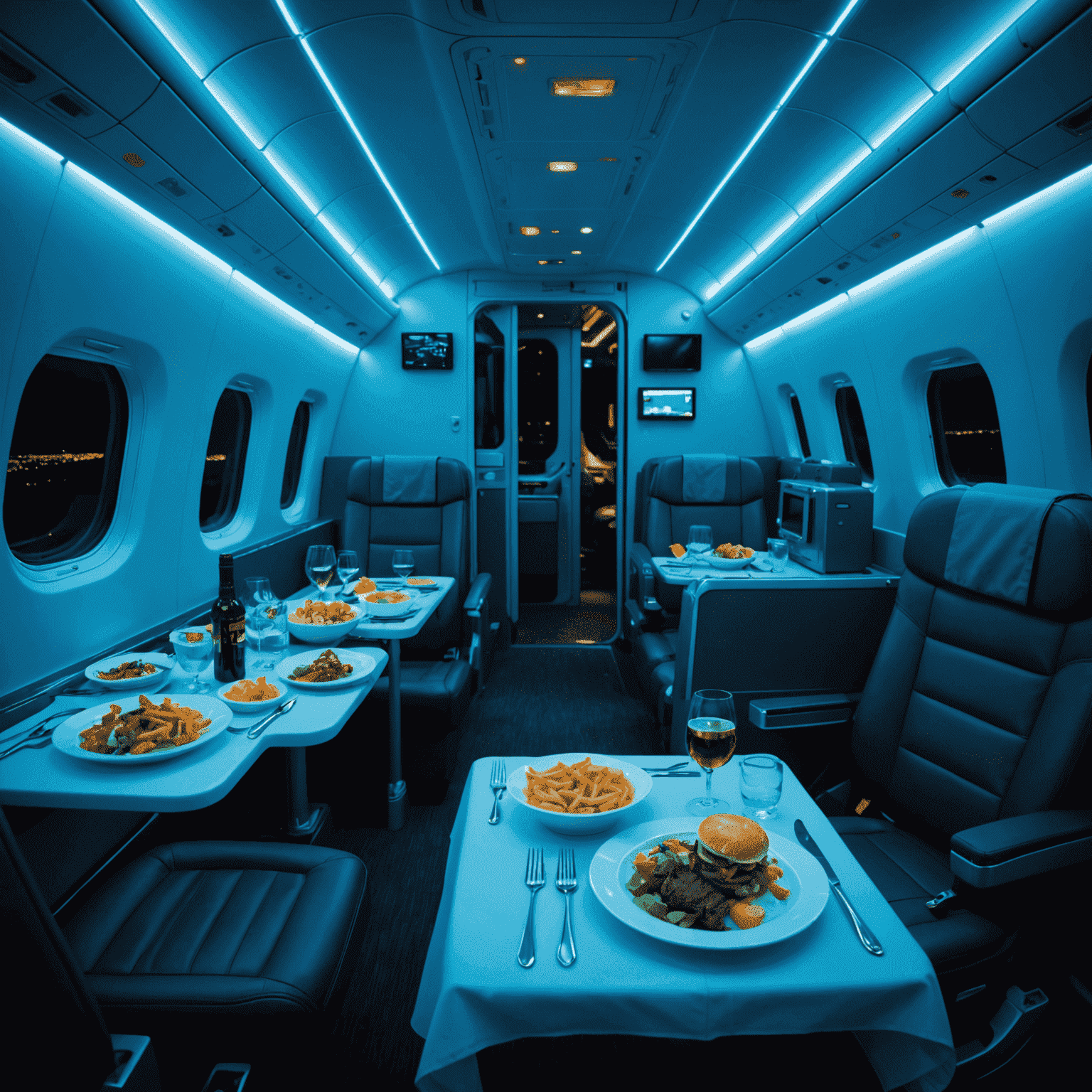 A gourmet meal served on a flockerz air flight, illuminated by neon blue cabin lights