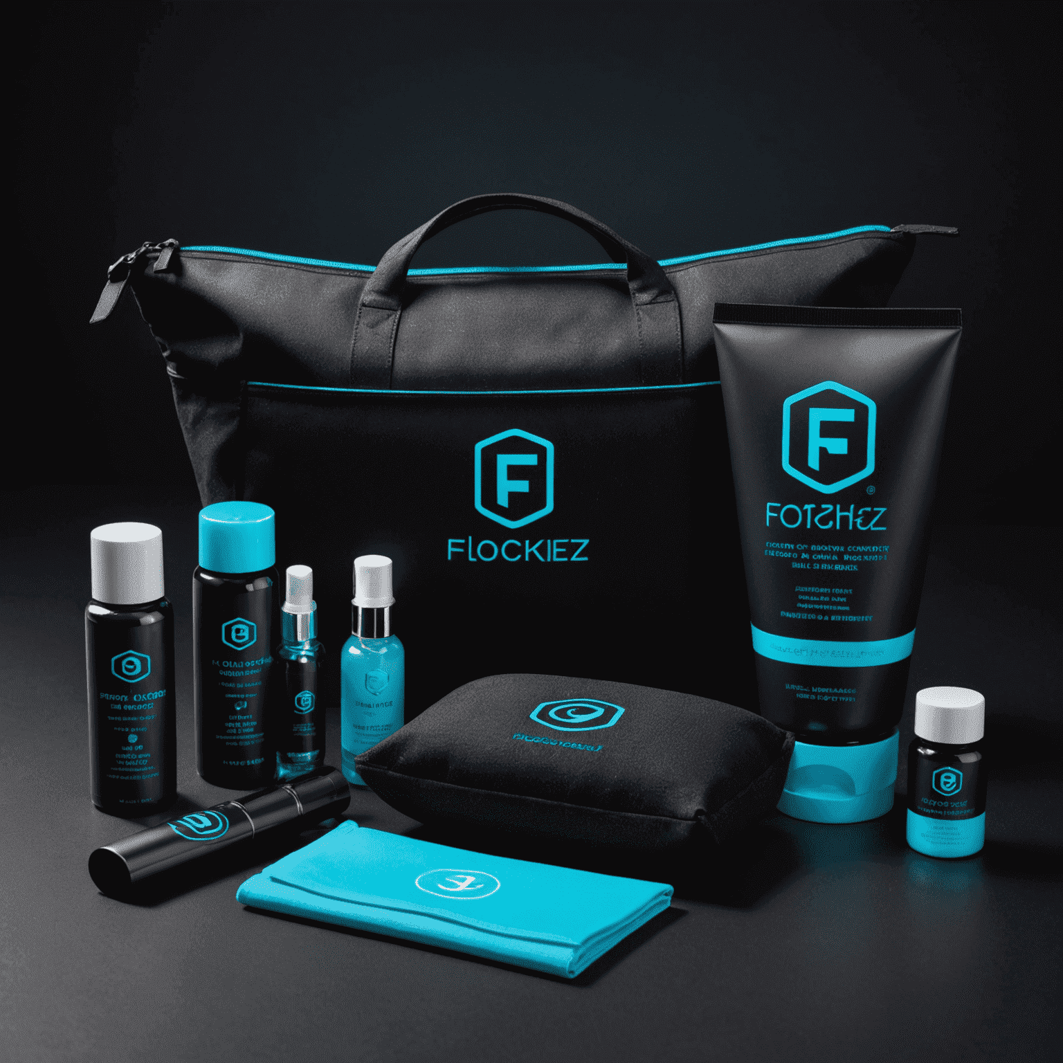 A luxurious comfort kit with Flockerz Air branding, containing premium toiletries, eye mask, and other comfort items. The kit is presented on a dark background with neon blue lighting.