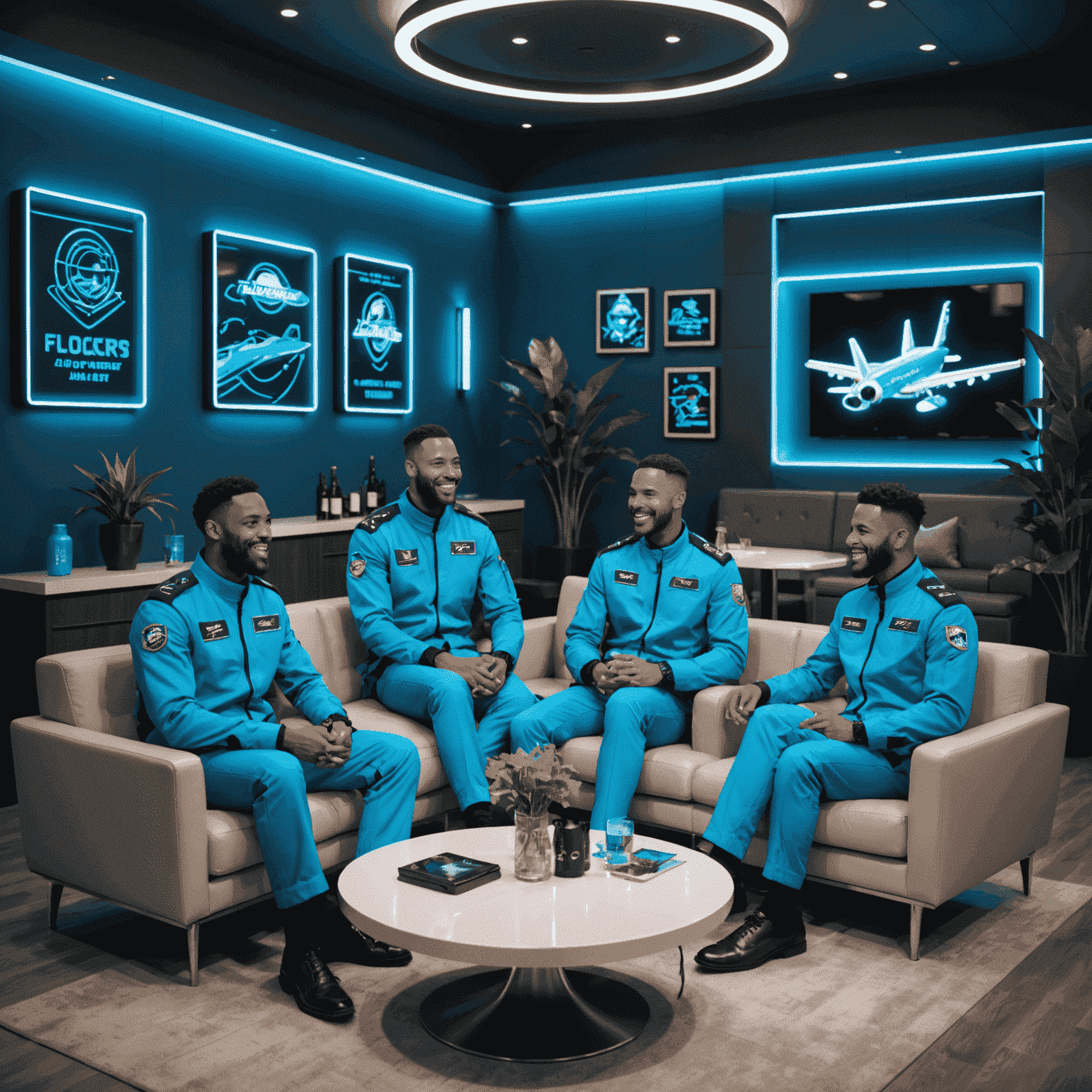 Flockerz Air crew members relaxing in a modern lounge area with neon blue accents, sharing stories and laughing together