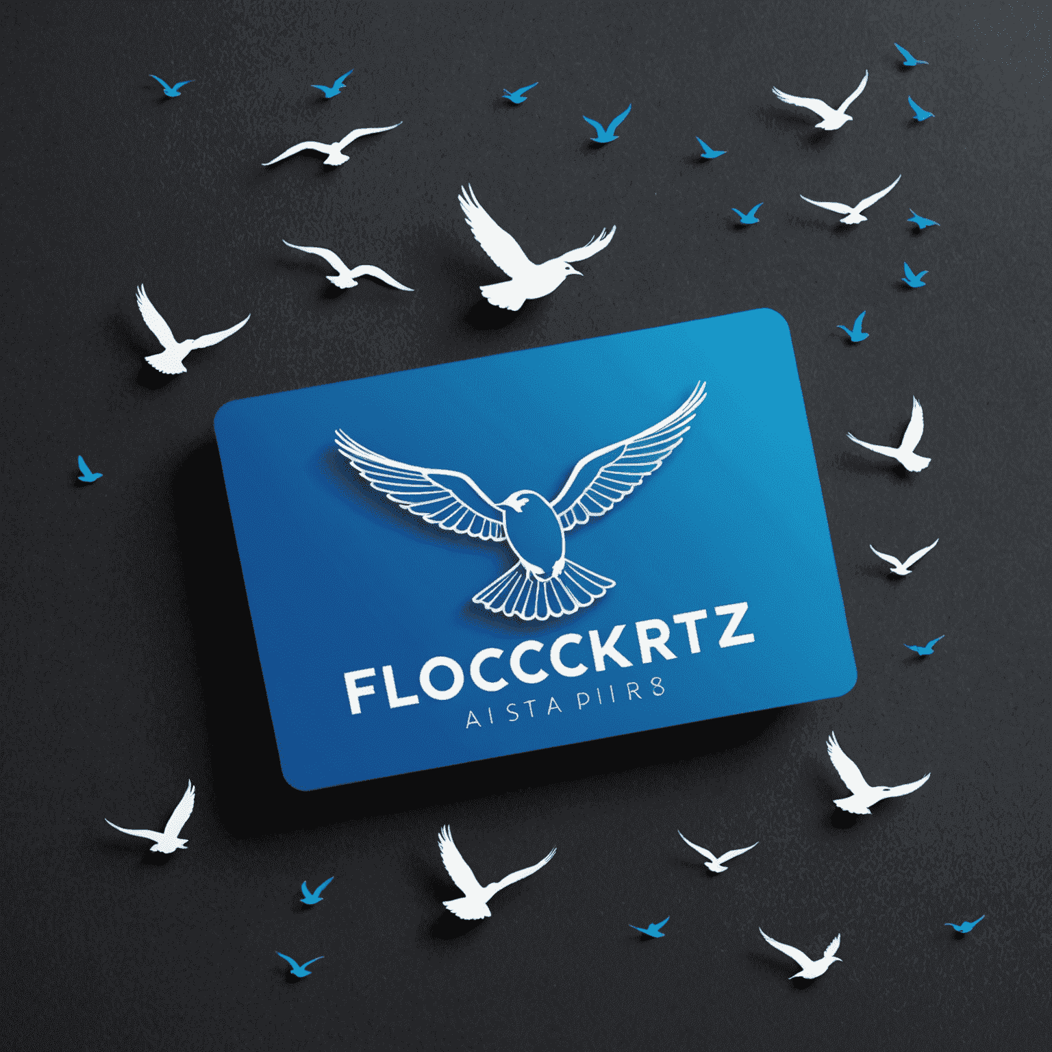 A neon blue loyalty card with the flockerz air logo, surrounded by flying birds