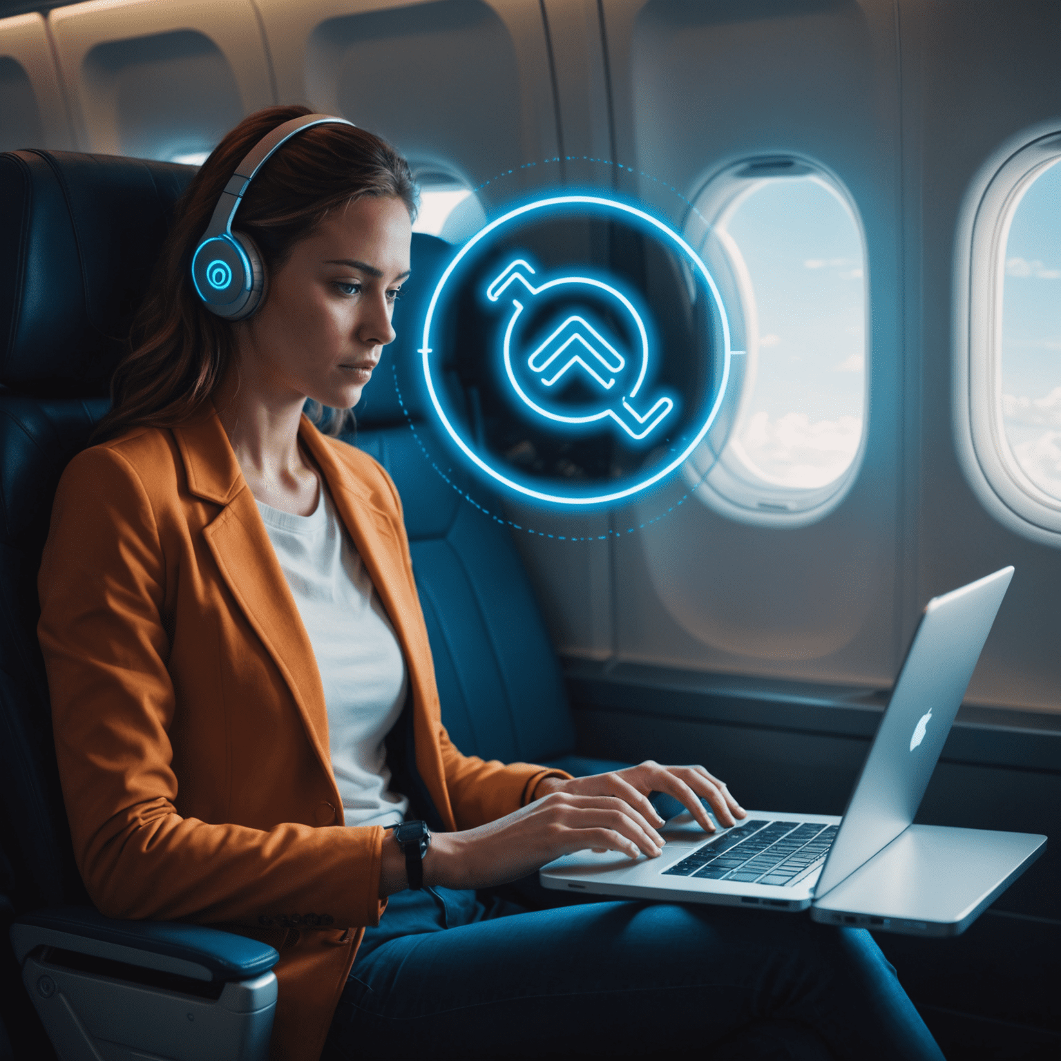 A person using a laptop and smartphone on an airplane, surrounded by a glowing neon blue Wi-Fi symbol, indicating high-speed internet connectivity.