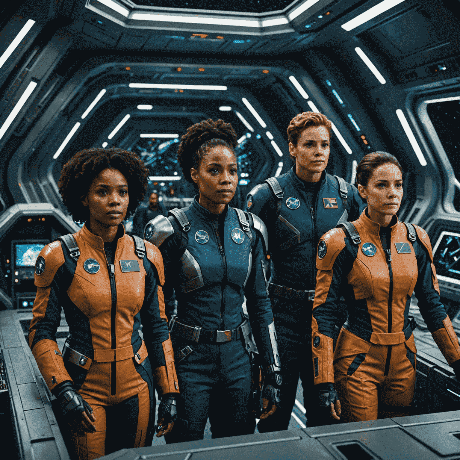 Sci-fi TV series thumbnail showing a diverse crew on a spaceship bridge