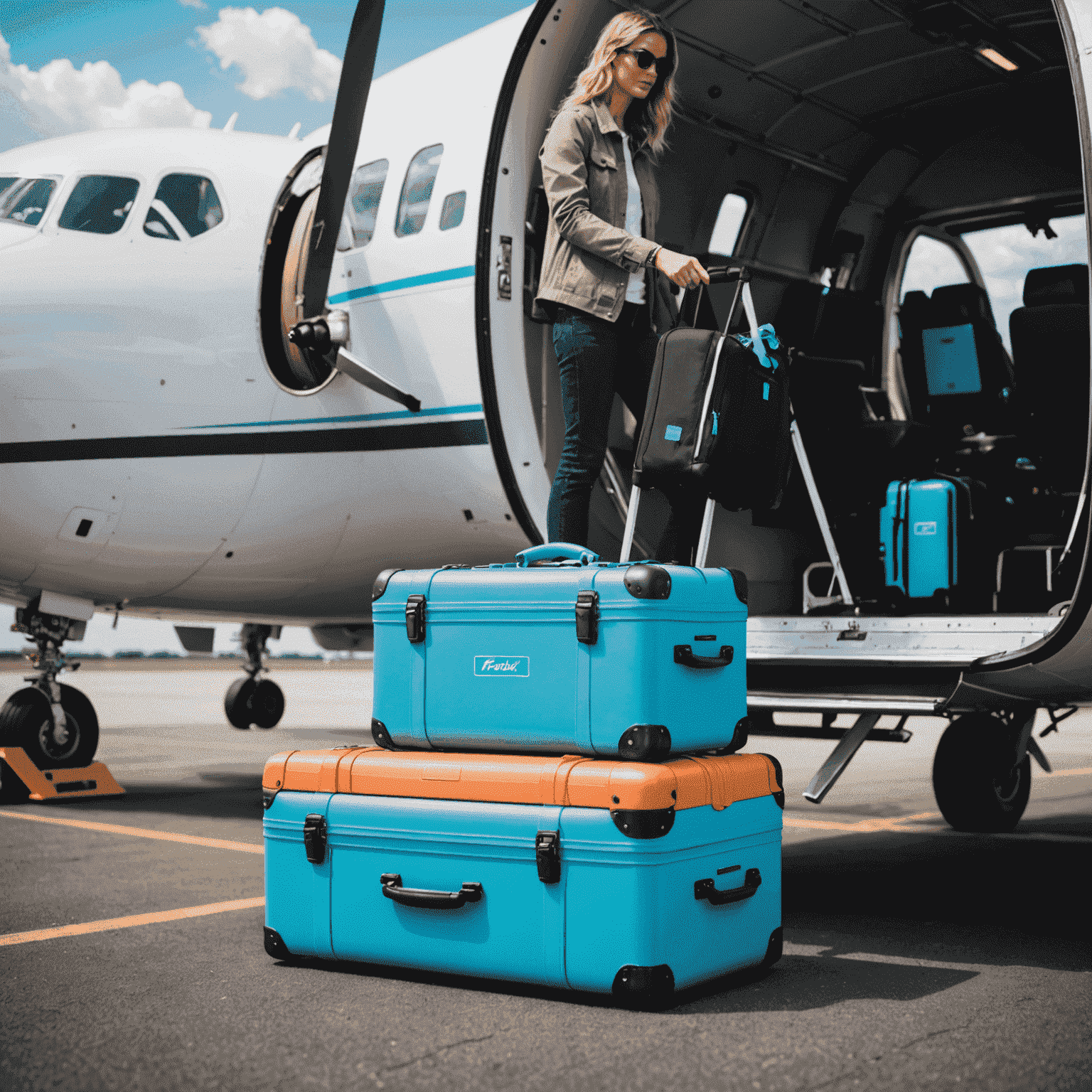 Luggage with neon blue tags being loaded onto a flockerz air plane