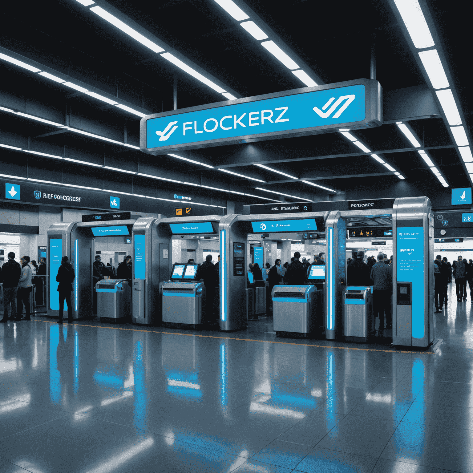 A futuristic airport gate with neon blue lighting and signage indicating priority boarding for Flockerz Air passengers. A short queue of people are being efficiently processed.