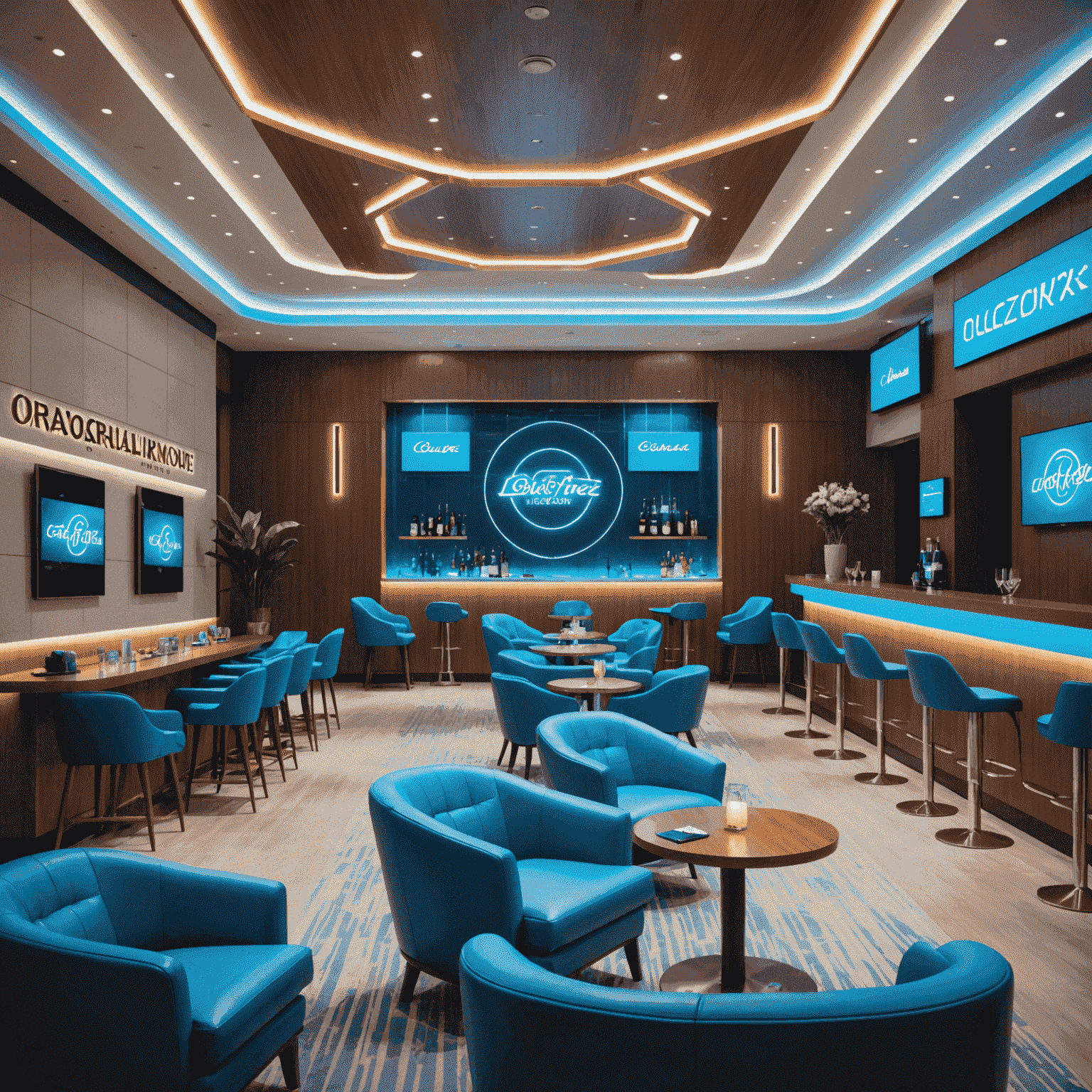 A luxurious airport lounge with comfortable seating, a bar, and dining area. The lounge is decorated with neon blue accents and Flockerz Air branding.