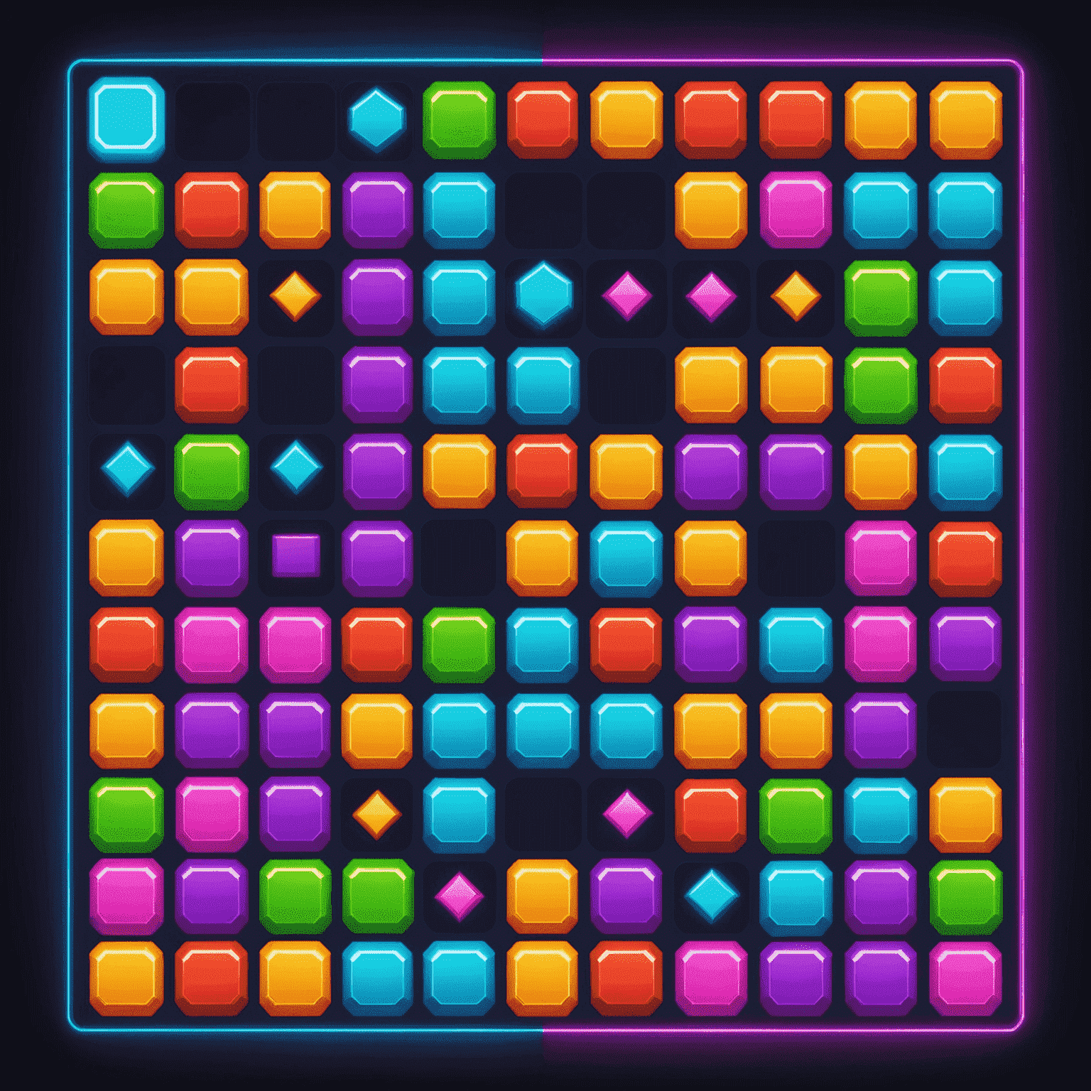 Puzzle game screenshot with colorful blocks and neon effects